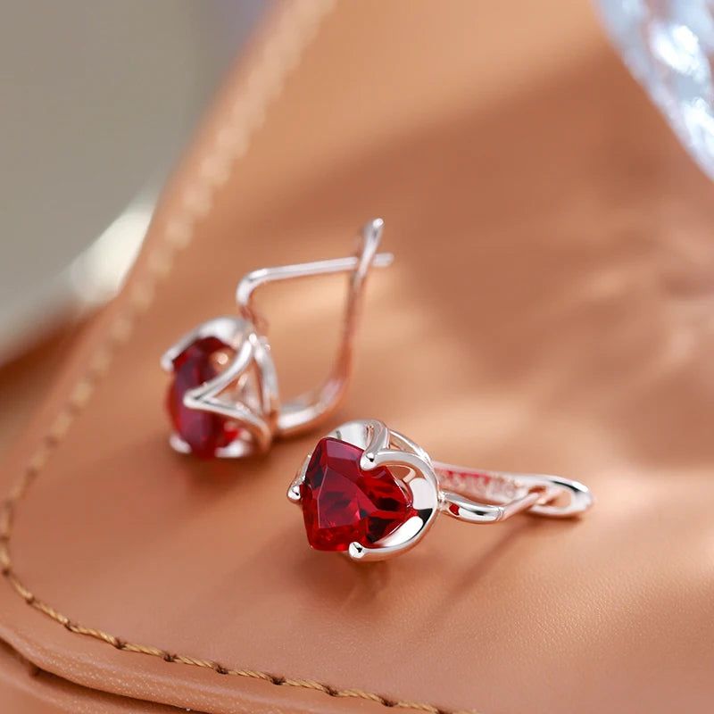 Stylish Red Natural Zircon Drop Earrings in 585 Rose Gold for Couples