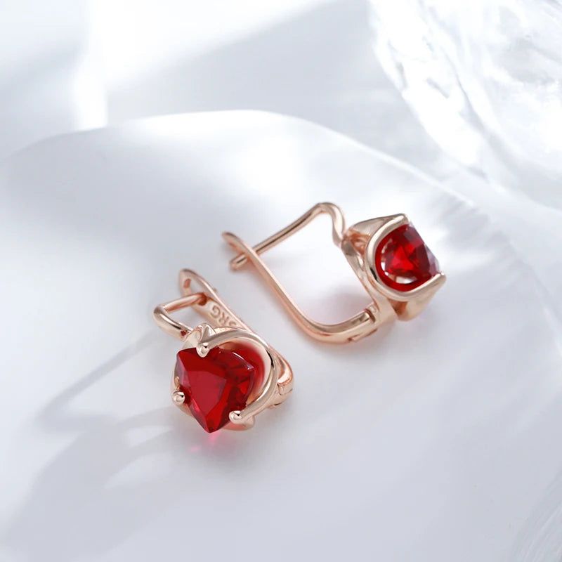 Stylish Red Natural Zircon Drop Earrings in 585 Rose Gold for Couples