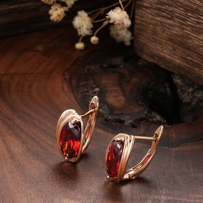 Stylish Red Natural Zircon Drop Earrings in Rose Gold - Statement Jewelry for Special Occasions