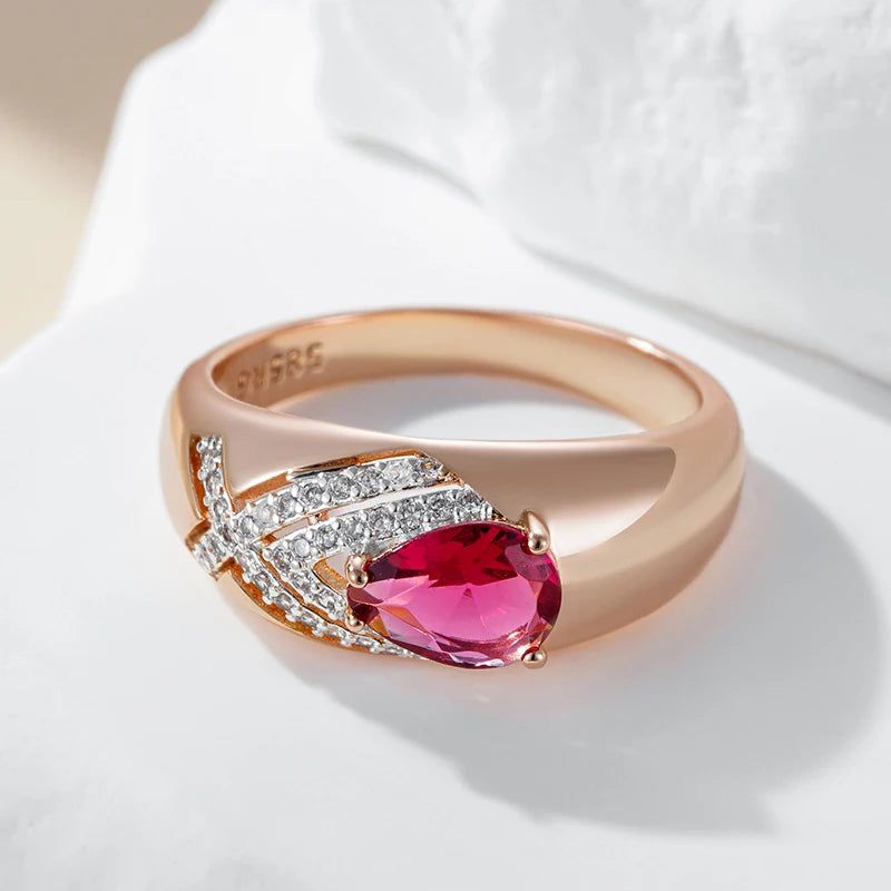 Stylish Red Zircon Cocktail Ring in 585 Rose Gold and Silver Mix Jewelry