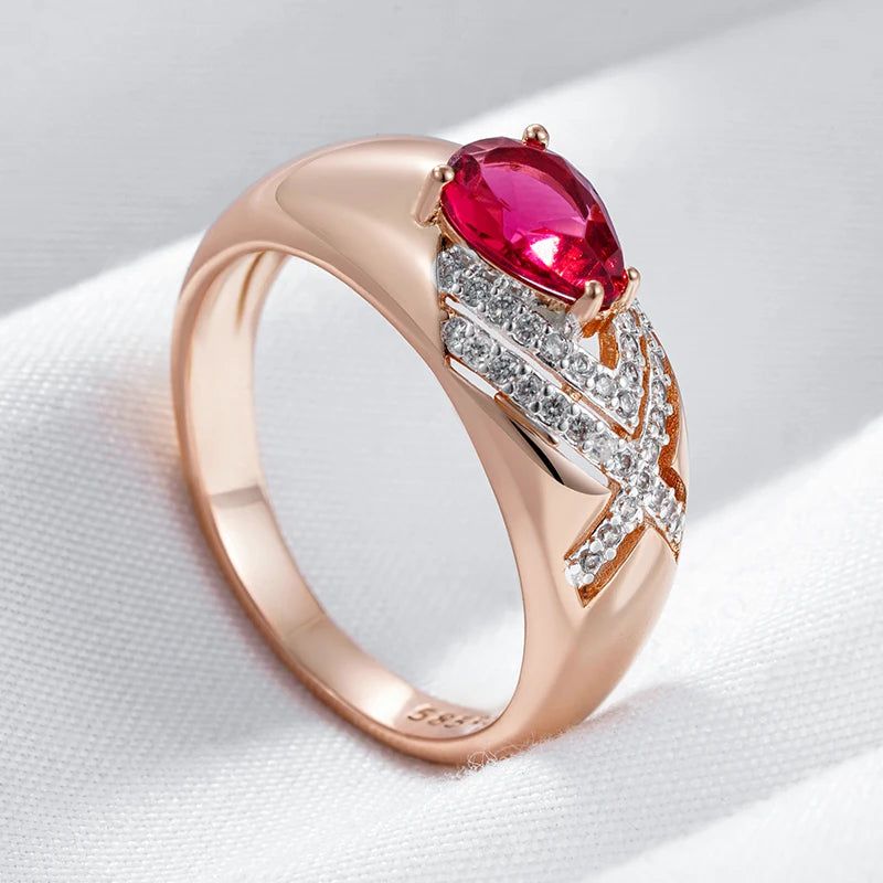 Stylish Red Zircon Cocktail Ring in 585 Rose Gold and Silver Mix Jewelry