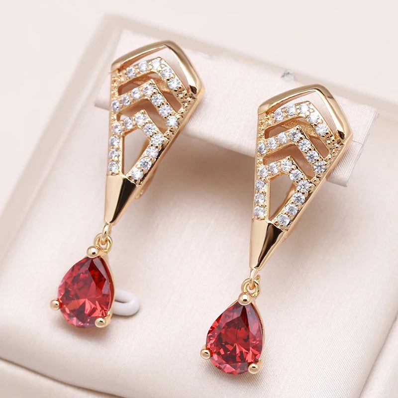 Stylish Red Zircon Dangle Earrings in 585 Rose Gold - Vintage Water Drop Design Fashion Jewelry