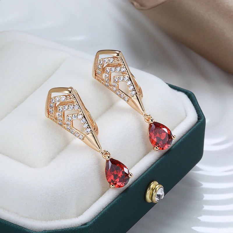 Stylish Red Zircon Dangle Earrings in 585 Rose Gold - Vintage Water Drop Design Fashion Jewelry