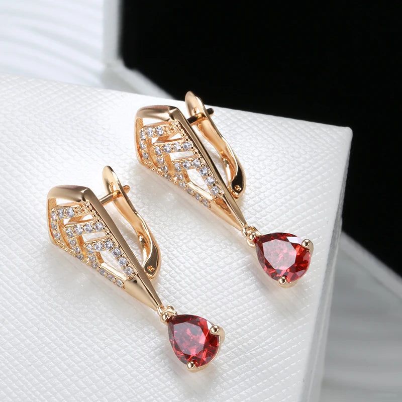 Stylish Red Zircon Dangle Earrings in 585 Rose Gold - Vintage Water Drop Design Fashion Jewelry