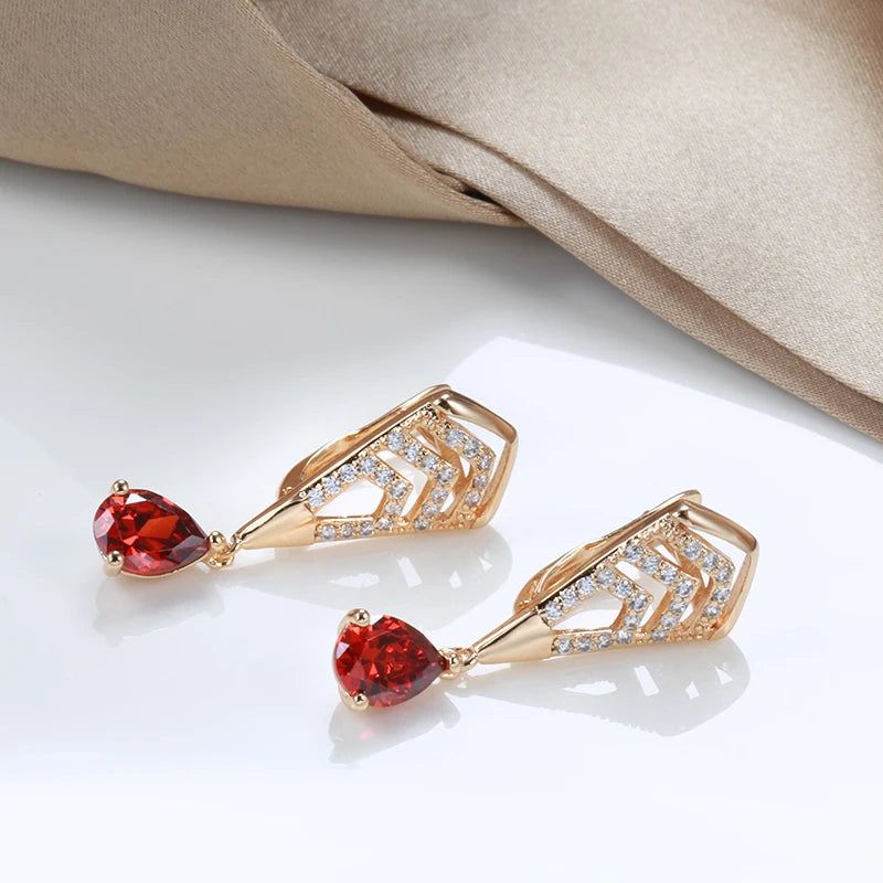 Stylish Red Zircon Dangle Earrings in 585 Rose Gold - Vintage Water Drop Design Fashion Jewelry