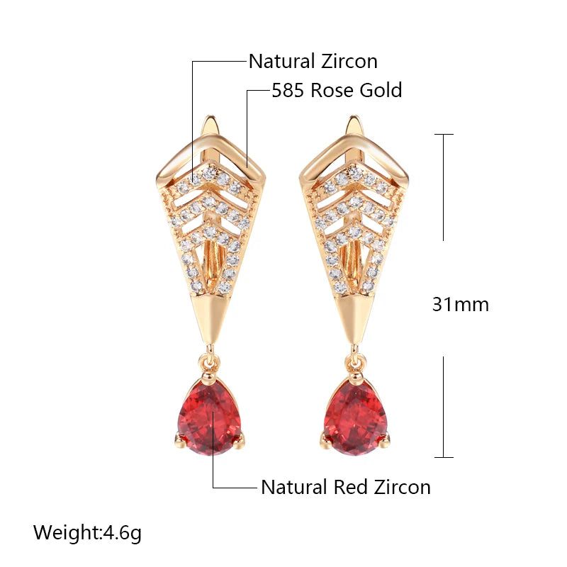 Stylish Red Zircon Dangle Earrings in 585 Rose Gold - Vintage Water Drop Design Fashion Jewelry