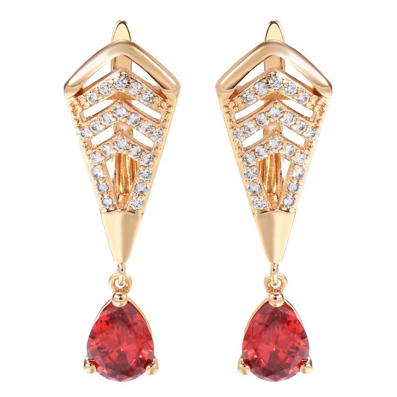 Stylish Red Zircon Dangle Earrings in 585 Rose Gold - Vintage Water Drop Design Fashion Jewelry