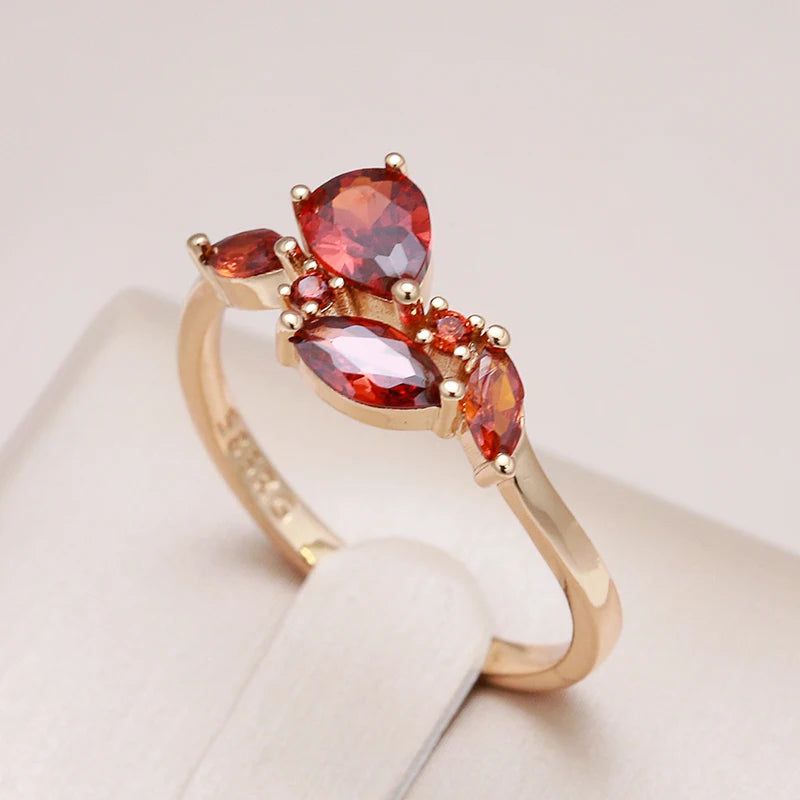 Stylish Red Zircon Leaf Ring in 585 Rose Gold for Women