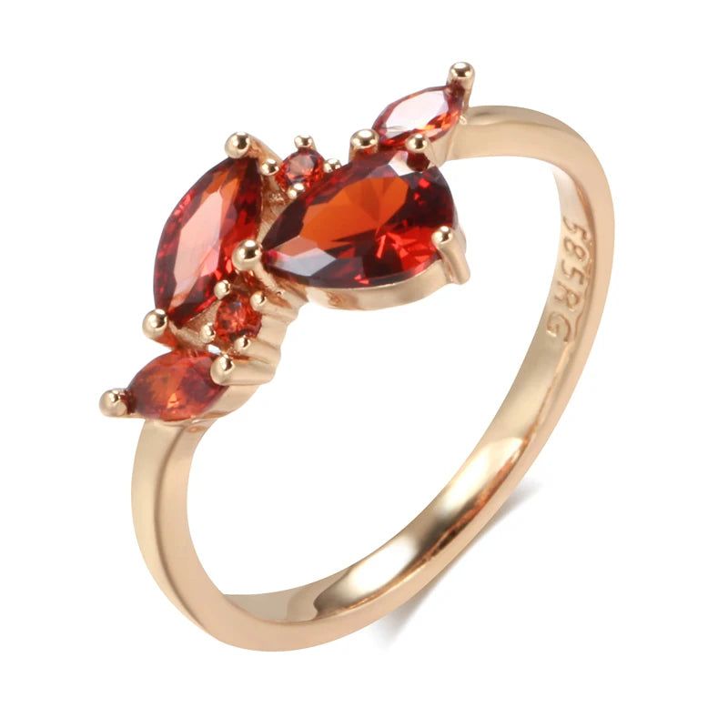 Stylish Red Zircon Leaf Ring in 585 Rose Gold for Women