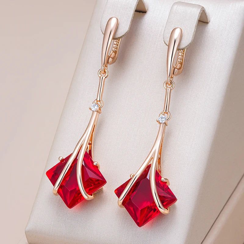 Stylish Red Zircon Long Drop Earrings in Vintage 585 Rose Gold Finish