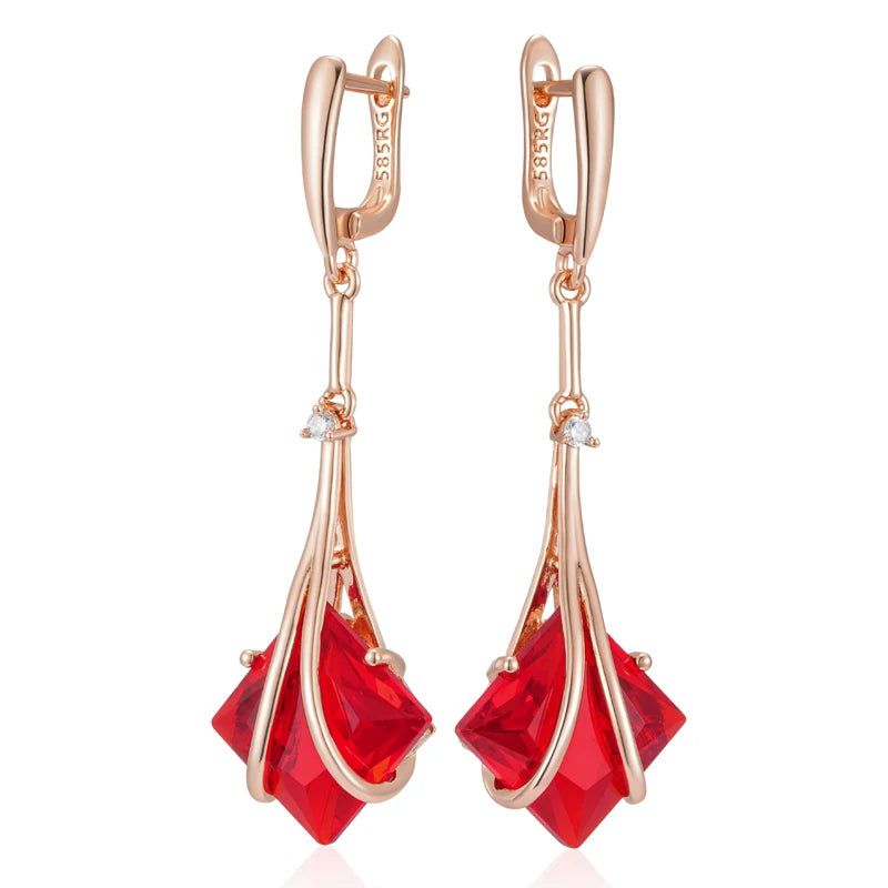 Stylish Red Zircon Long Drop Earrings in Vintage 585 Rose Gold Finish