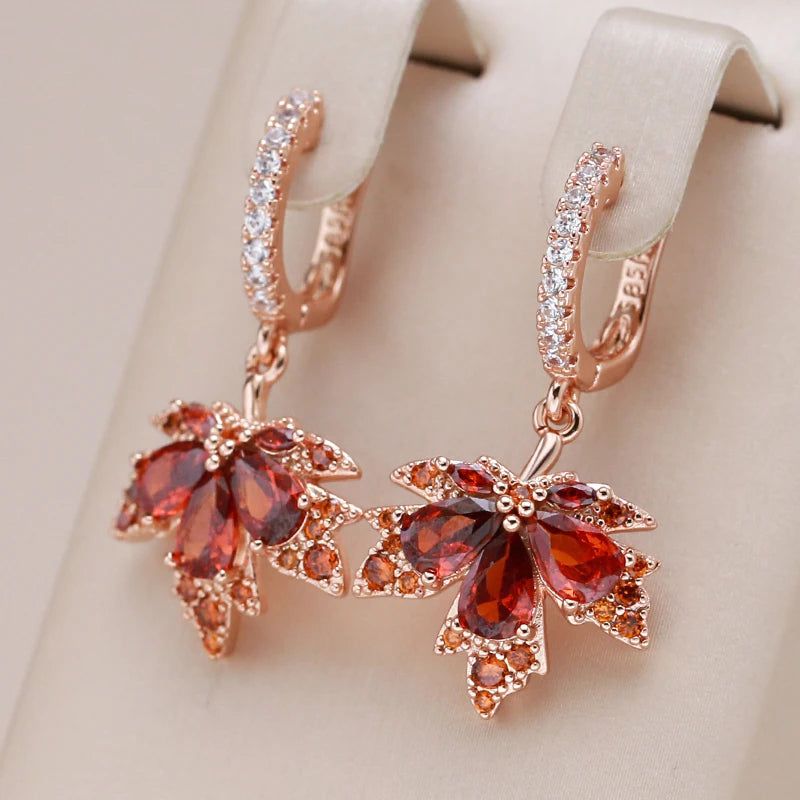 Stylish Red Zircon Maple Leaf Earrings in 585 Rose Gold – Fashionable Fall Jewelry