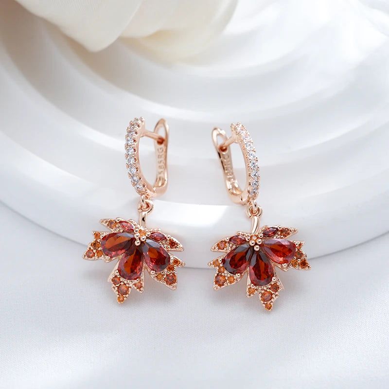 Stylish Red Zircon Maple Leaf Earrings in 585 Rose Gold – Fashionable Fall Jewelry