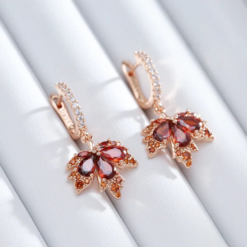 Stylish Red Zircon Maple Leaf Earrings in 585 Rose Gold – Fashionable Fall Jewelry