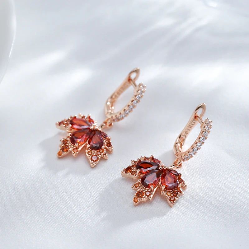 Stylish Red Zircon Maple Leaf Earrings in 585 Rose Gold – Fashionable Fall Jewelry