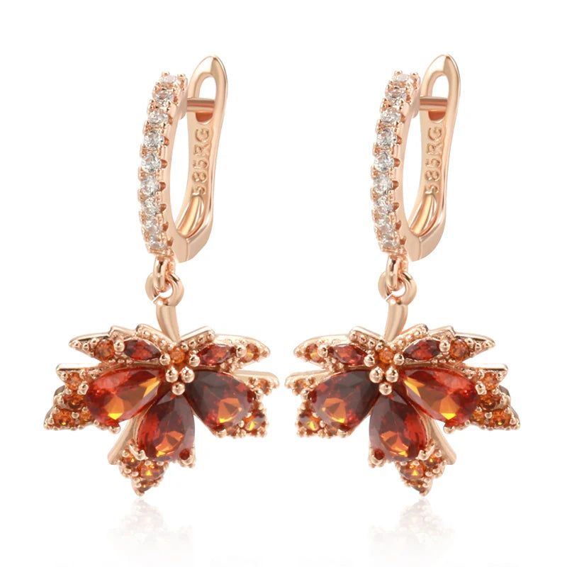 Stylish Red Zircon Maple Leaf Earrings in 585 Rose Gold – Fashionable Fall Jewelry