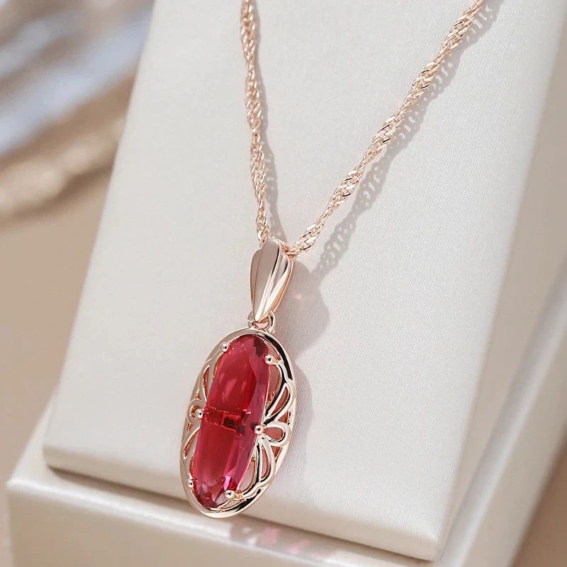 Stylish Red Zircon Pendant Necklace in 585 Rose Gold - Vintage High-Quality Jewelry