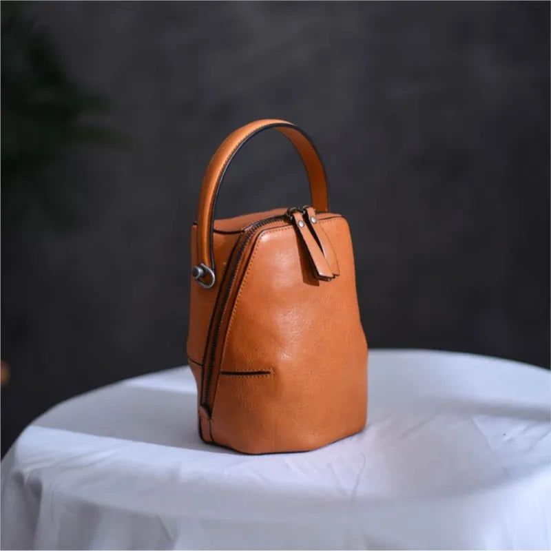 Stylish Retro Genuine Leather Women's Bucket Bag - Premium Soft Cowhide Shoulder Handbag