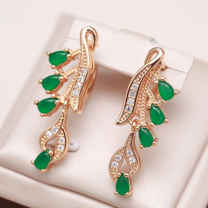 Stylish Retro Rose Gold Long Dangle Earrings with Green Natural Zircon