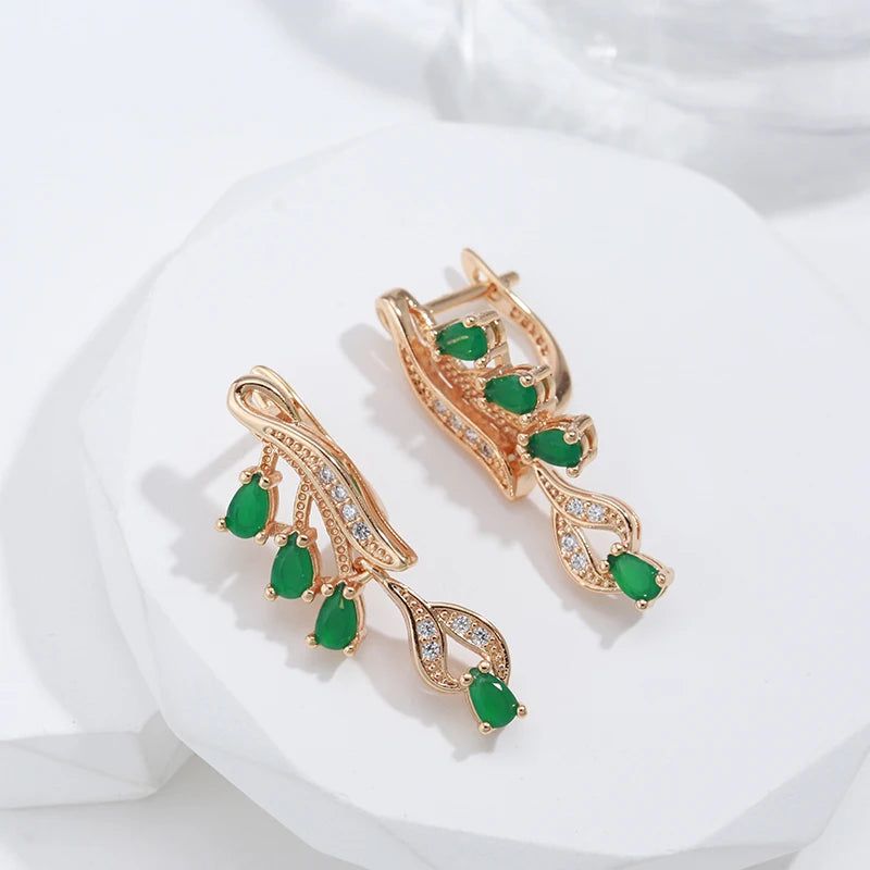 Stylish Retro Rose Gold Long Dangle Earrings with Green Natural Zircon