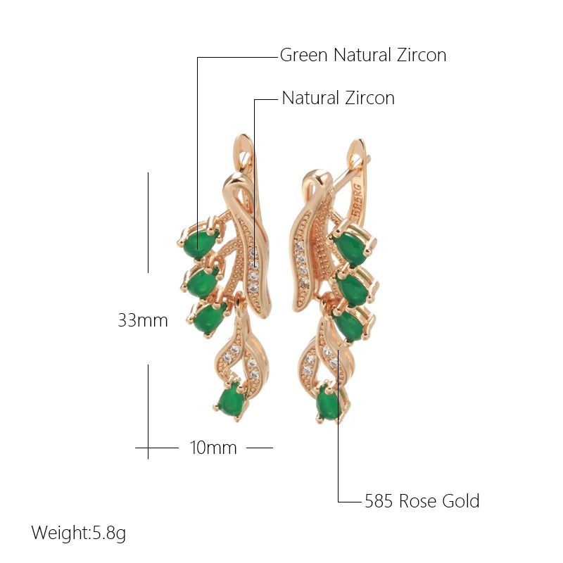 Stylish Retro Rose Gold Long Dangle Earrings with Green Natural Zircon