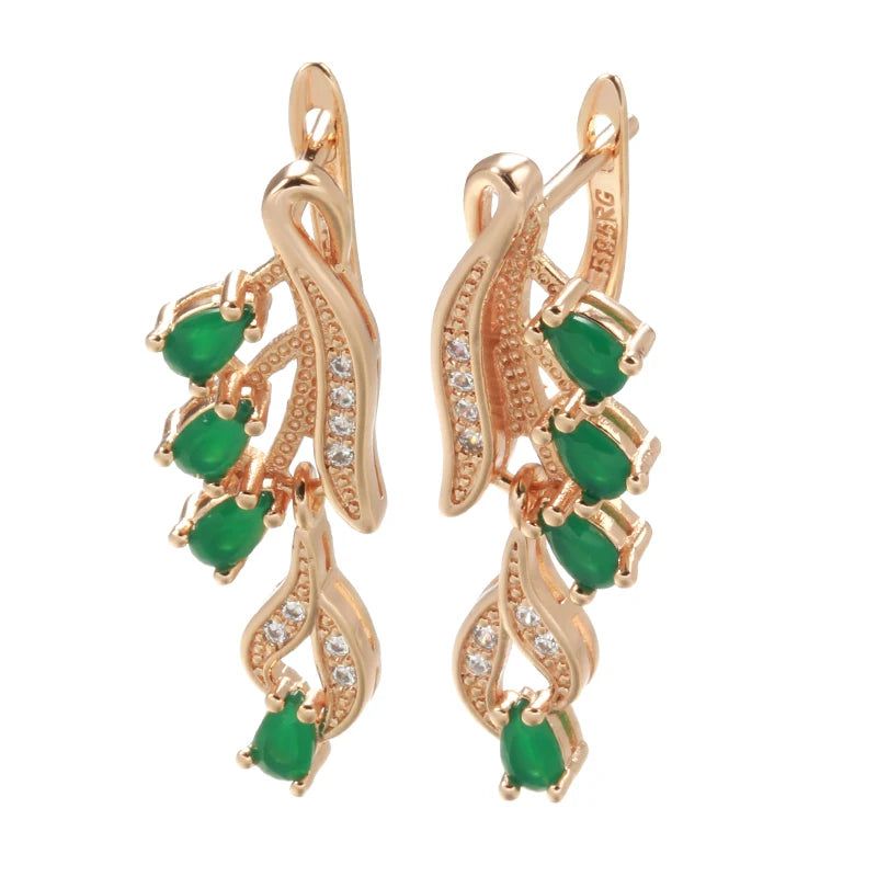 Stylish Retro Rose Gold Long Dangle Earrings with Green Natural Zircon