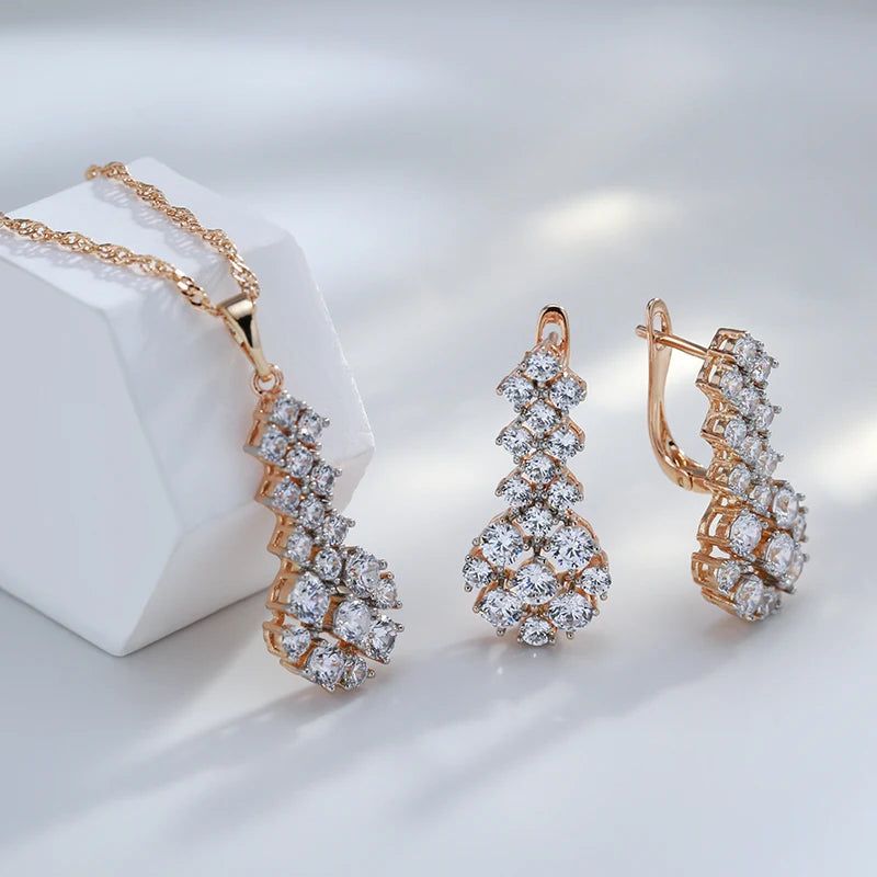 Stylish Retro Zircon Drop Earrings in 585 Rose Gold and Silver Mix