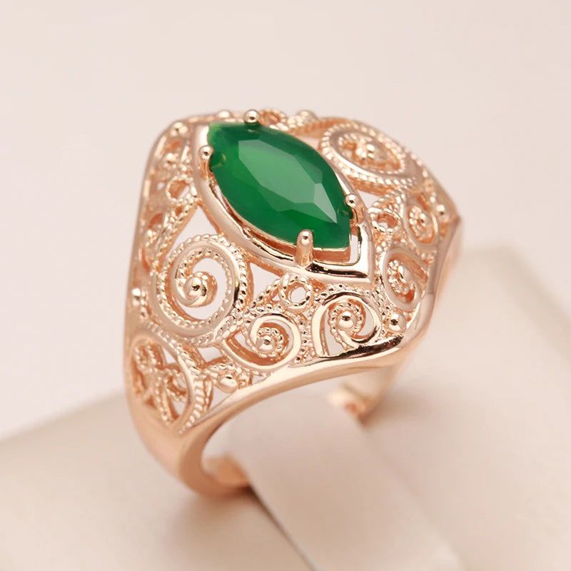 Stylish Rhombus Green Zircon Ring in 585 Rose Gold Color - Unique Fashion Jewelry