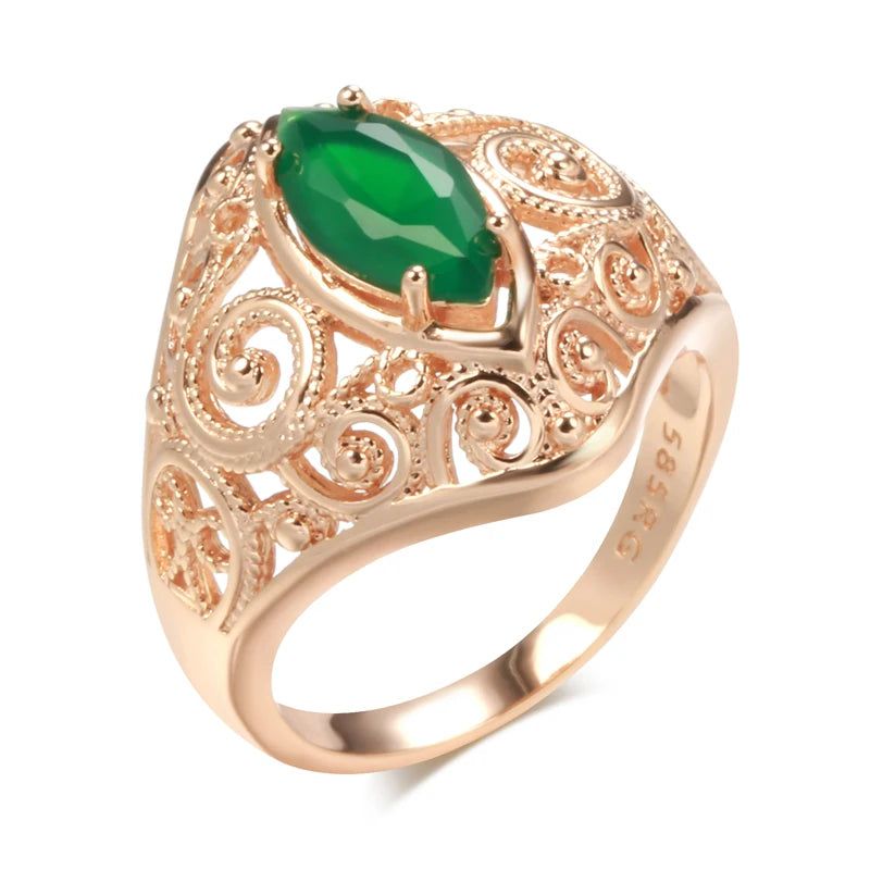 Stylish Rhombus Green Zircon Ring in 585 Rose Gold Color - Unique Fashion Jewelry