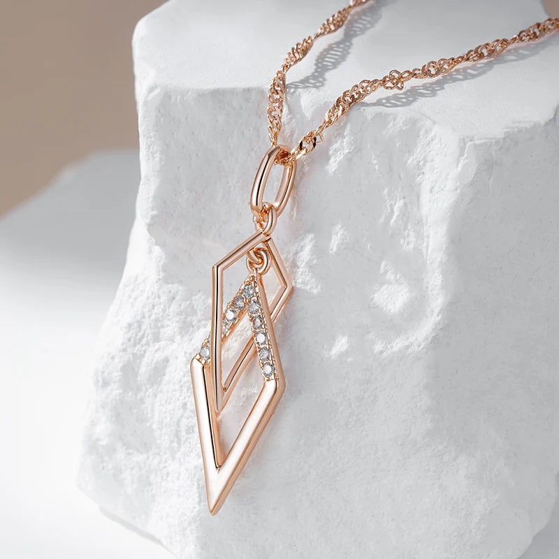 Stylish Rhombus Hollow Pendant Necklace with Natural Zircon in 585 Rose Gold Finish