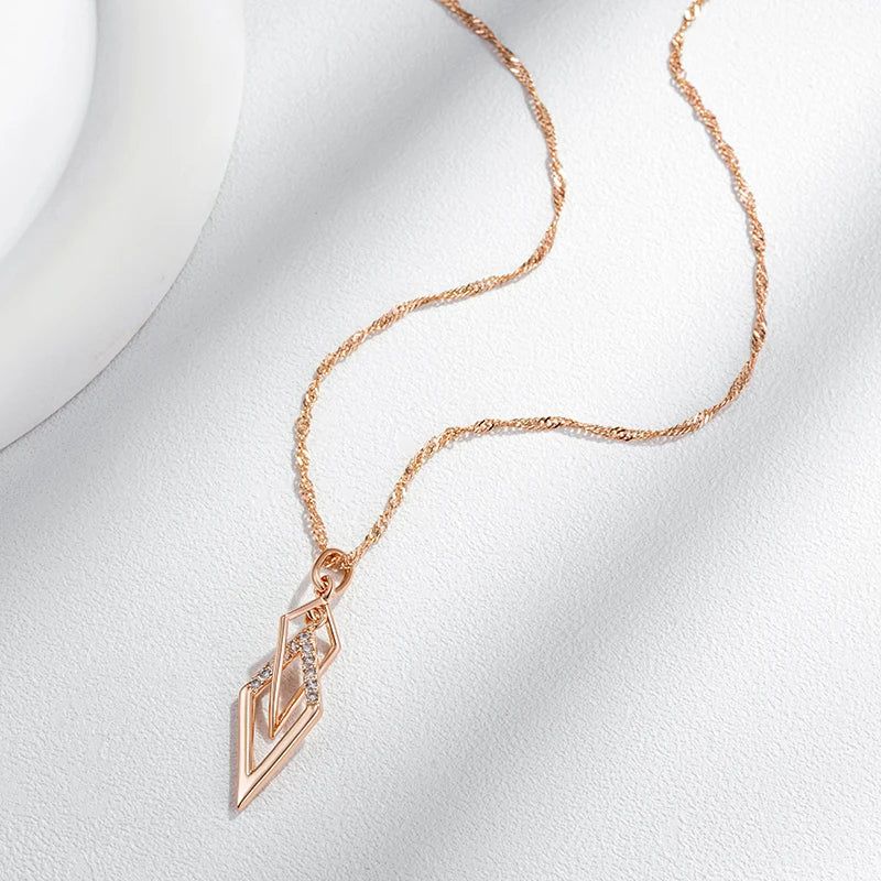 Stylish Rhombus Hollow Pendant Necklace with Natural Zircon in 585 Rose Gold Finish