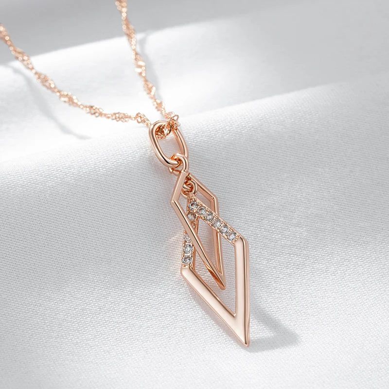 Stylish Rhombus Hollow Pendant Necklace with Natural Zircon in 585 Rose Gold Finish