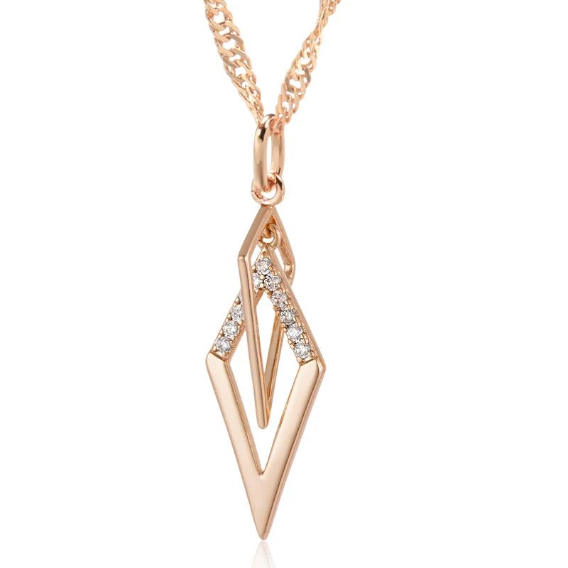 Stylish Rhombus Hollow Pendant Necklace with Natural Zircon in 585 Rose Gold Finish