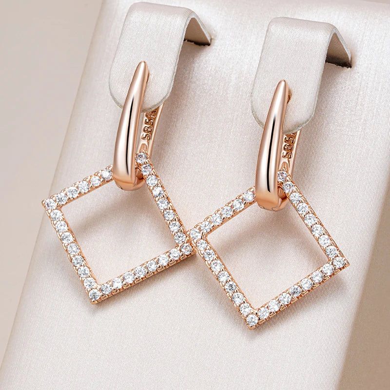 Stylish Rhombus Hoop Earrings with Natural Zircon in 585 Rose Gold