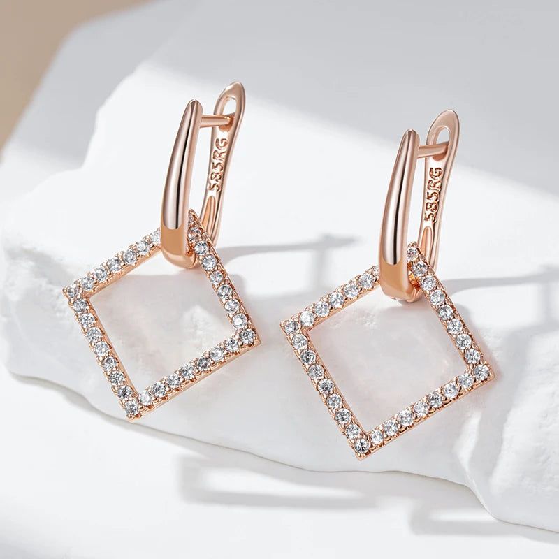 Stylish Rhombus Hoop Earrings with Natural Zircon in 585 Rose Gold