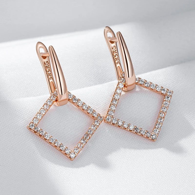 Stylish Rhombus Hoop Earrings with Natural Zircon in 585 Rose Gold