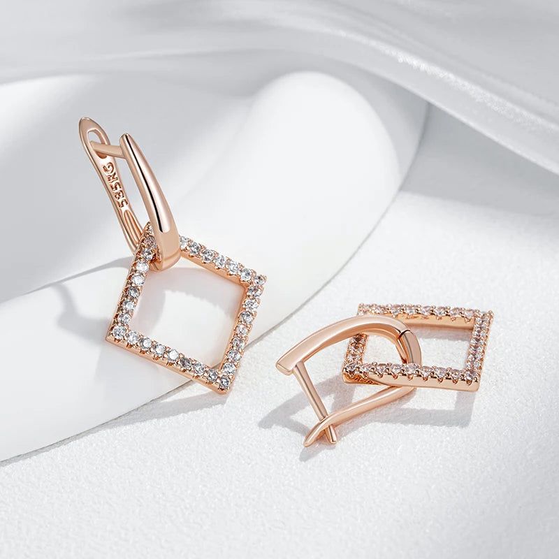 Stylish Rhombus Hoop Earrings with Natural Zircon in 585 Rose Gold