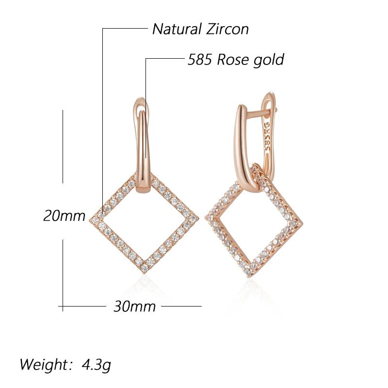 Stylish Rhombus Hoop Earrings with Natural Zircon in 585 Rose Gold