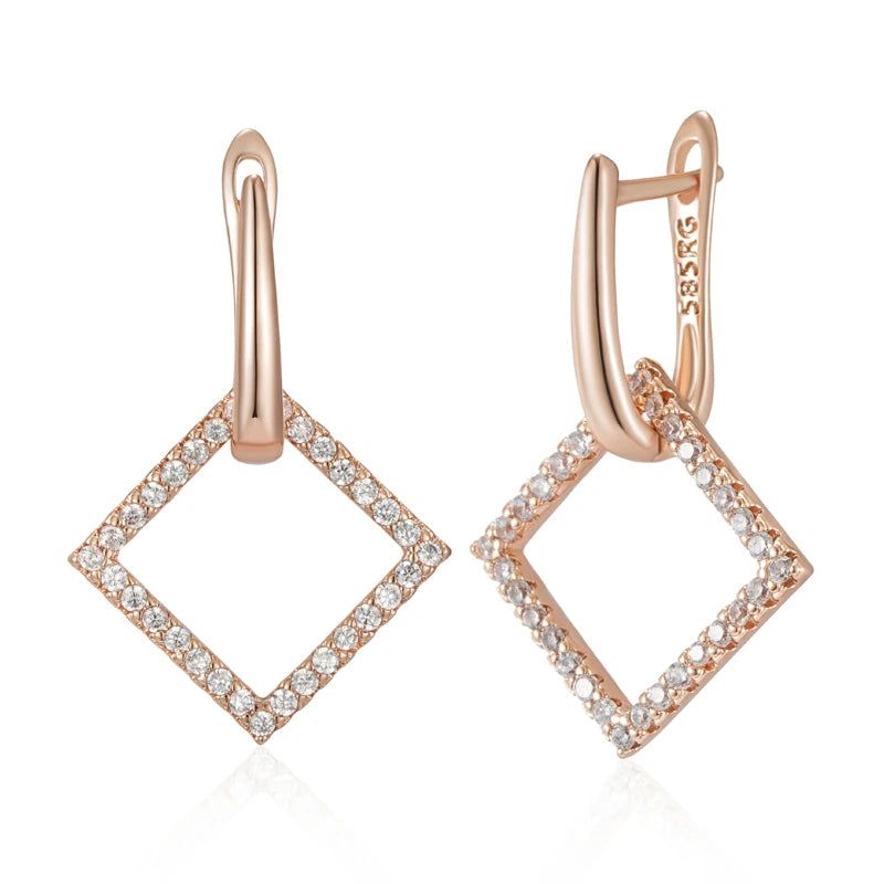 Stylish Rhombus Hoop Earrings with Natural Zircon in 585 Rose Gold