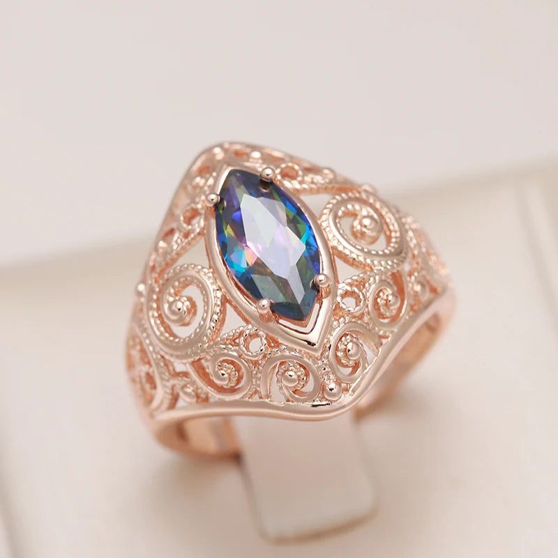 Stylish Rhombus-Shaped 585 Rose Gold Ring with Colorful Natural Zircon