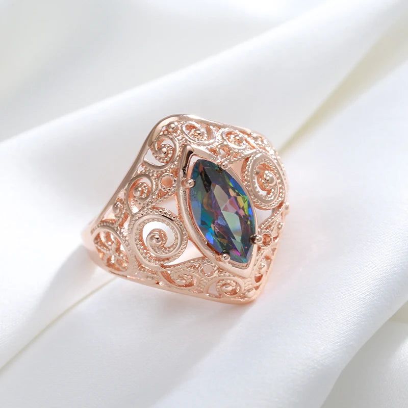 Stylish Rhombus-Shaped 585 Rose Gold Ring with Colorful Natural Zircon