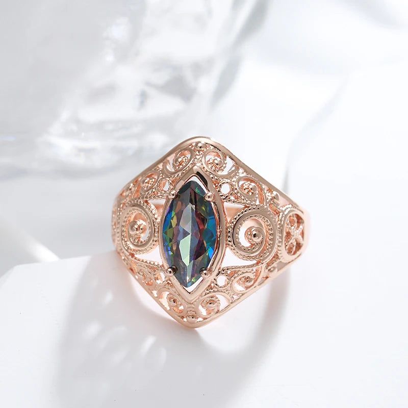 Stylish Rhombus-Shaped 585 Rose Gold Ring with Colorful Natural Zircon