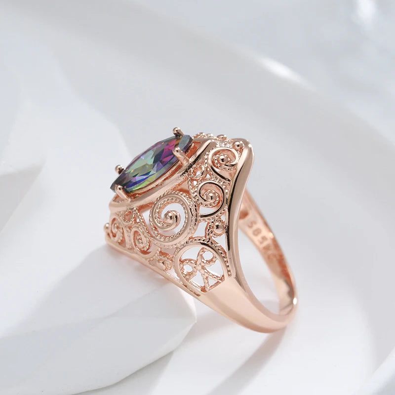 Stylish Rhombus-Shaped 585 Rose Gold Ring with Colorful Natural Zircon