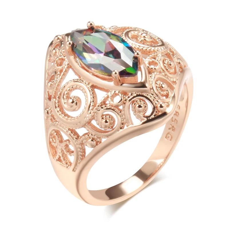 Stylish Rhombus-Shaped 585 Rose Gold Ring with Colorful Natural Zircon