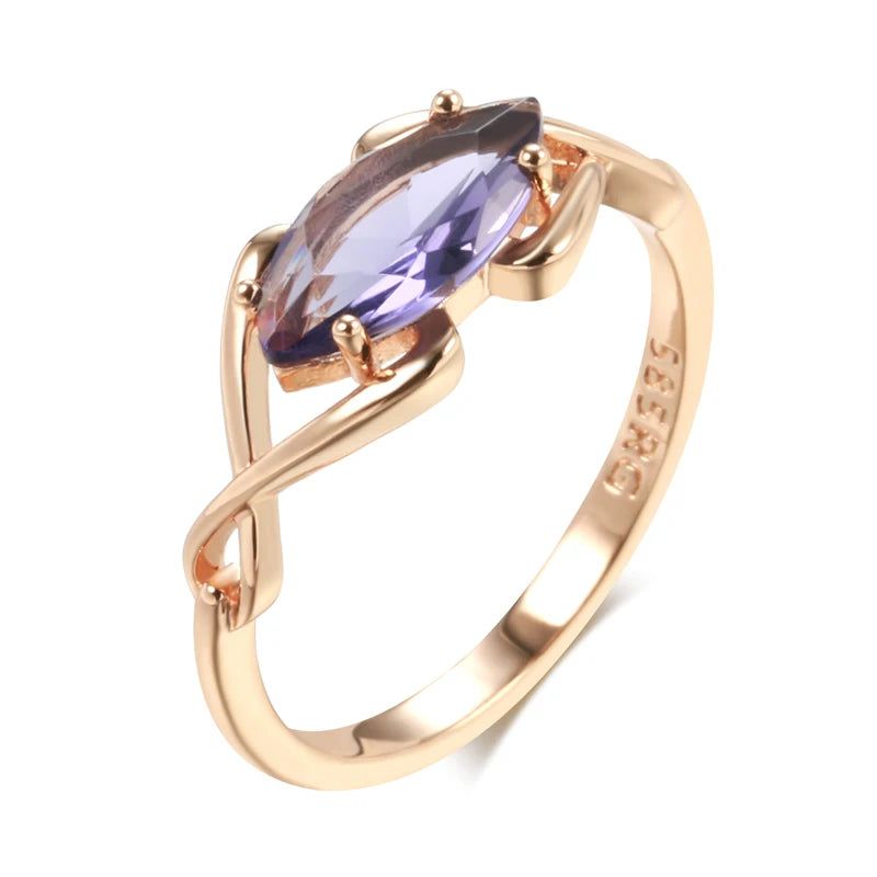 Stylish Rhombus Shaped Purple Natural Zircon Ring in Luxurious 585 Rose Gold Finish