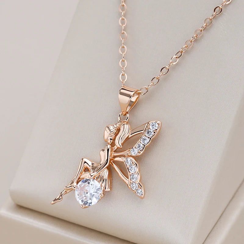 Stylish Rose Gold Angel Pendant Necklace with Natural Zircon Accents