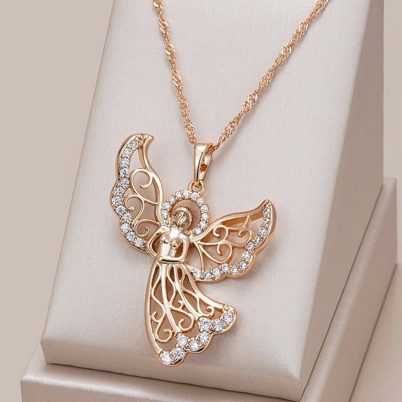 Stylish Rose Gold Angel Pendant Necklace with Natural Zircon Accents