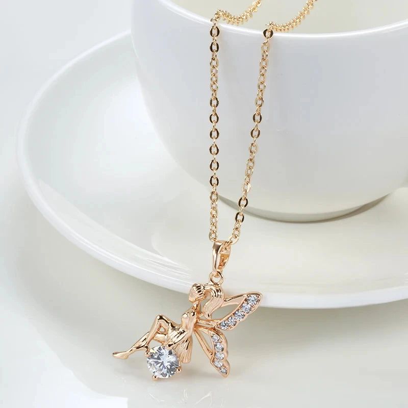 Stylish Rose Gold Angel Pendant Necklace with Natural Zircon Accents