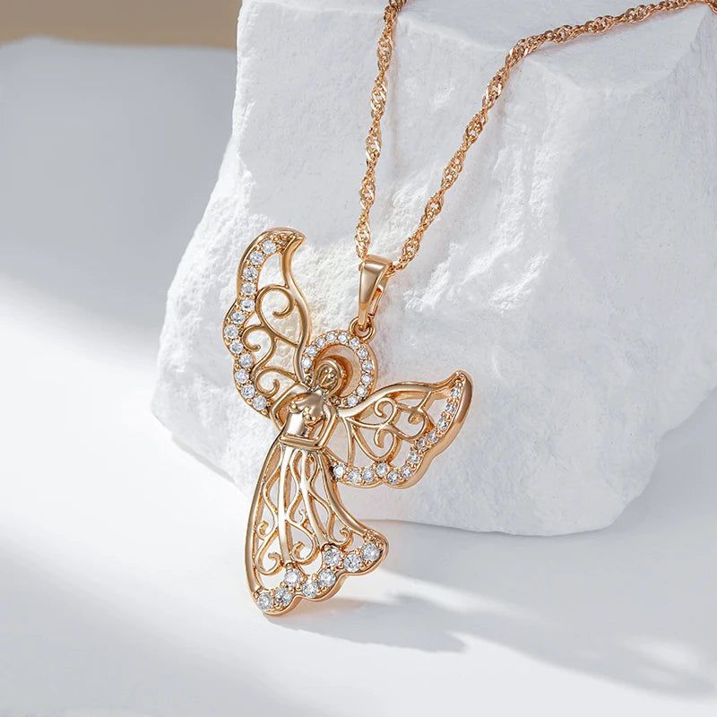 Stylish Rose Gold Angel Pendant Necklace with Natural Zircon Accents