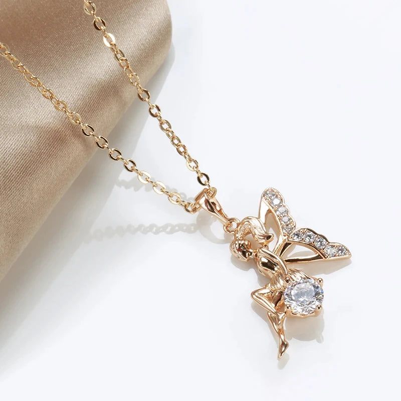 Stylish Rose Gold Angel Pendant Necklace with Natural Zircon Accents